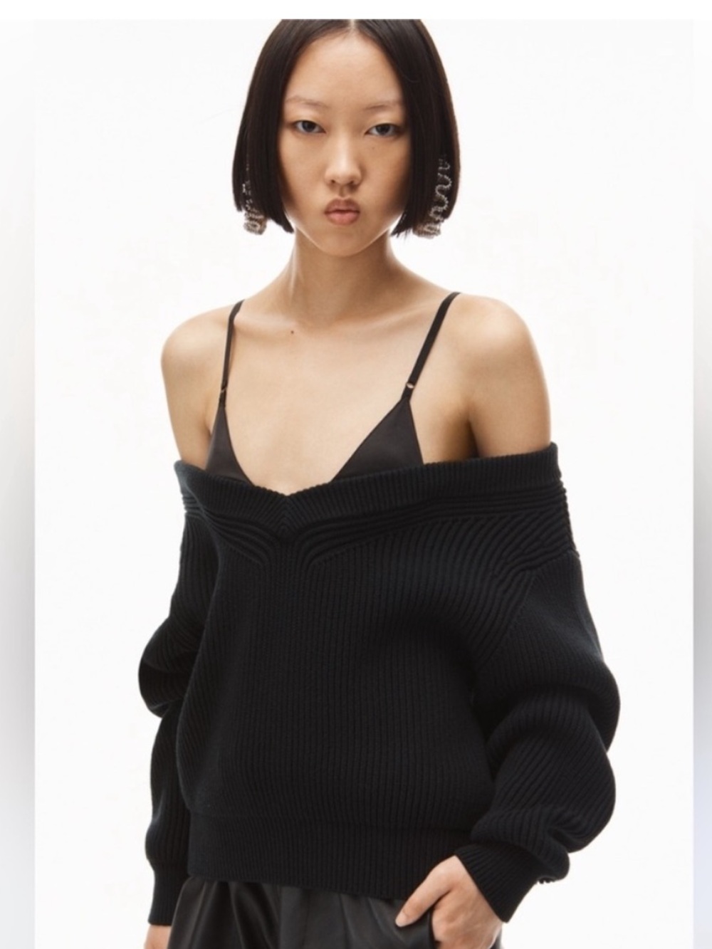 Alexander Wang Black Off-Shoulder Ribbed Knit Sweater
